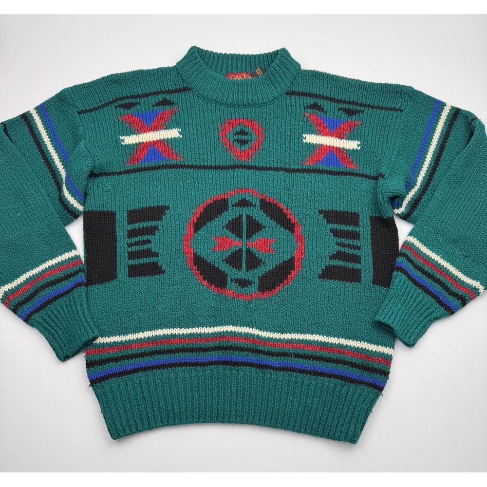 Vintage Oakton Limited Sweater Mens Medium Green Aztec Southwest Crewneck 90s
